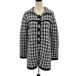 Carducci Black & White Houndstooth Wool & Mohair Blend Knit Cardigan Sweater